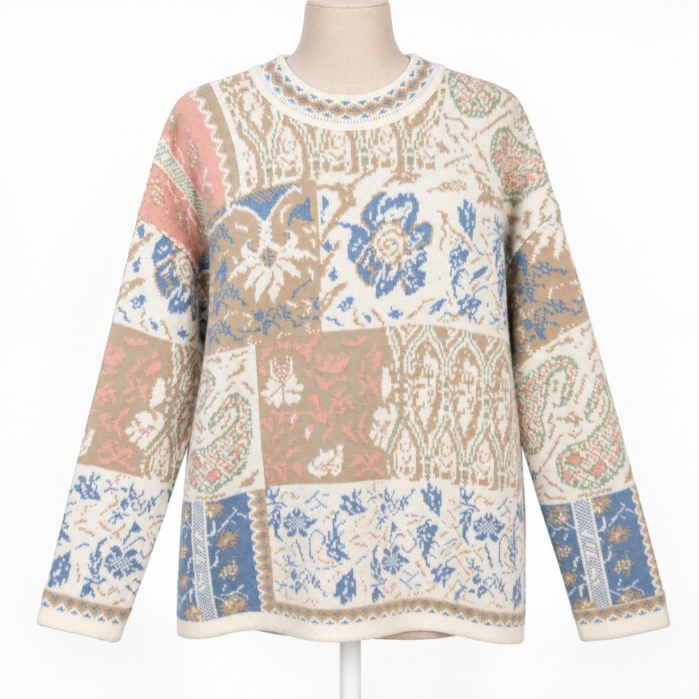 Vintage 90s Heavyweight Patchwork Floral Sweater Size L Pastel Cottagecore Retro
